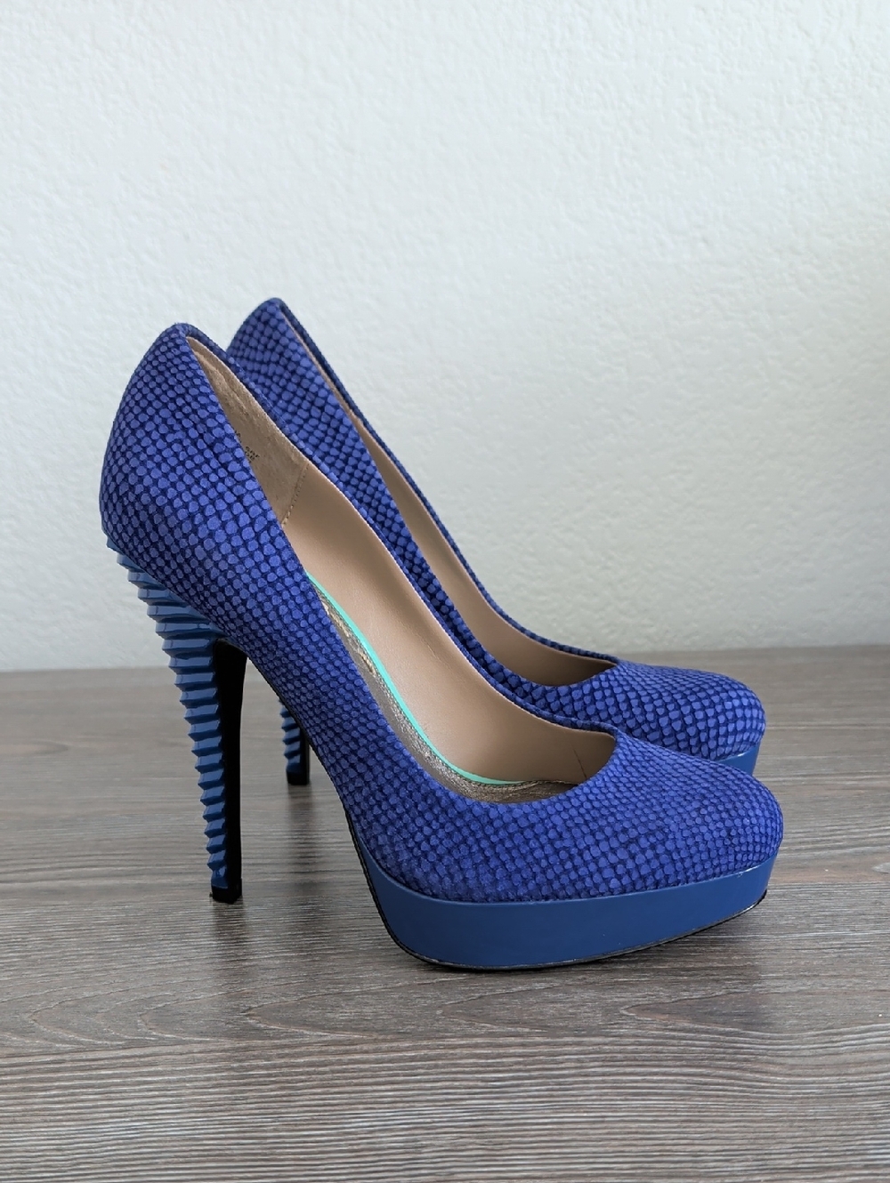 RACHEL ROY Kamaria Cobalt Blue Python Leather Platform Stiletto Corkscrew Heel 8